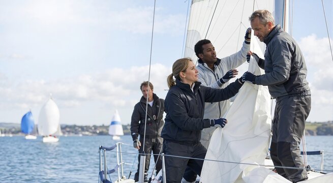 Sailing crew hoisting a white sail on a yacht. Team of sailors working together during a regatta event on the ocean