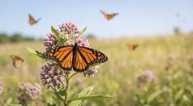 Monarch butterfly resting on a pink milkweed flower in a sunlit field. Flying butterflies in blurred background during migration