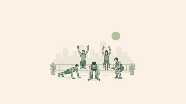 Men performing intensive fitness workout and jumping exercises on a city rooftop vector illustration