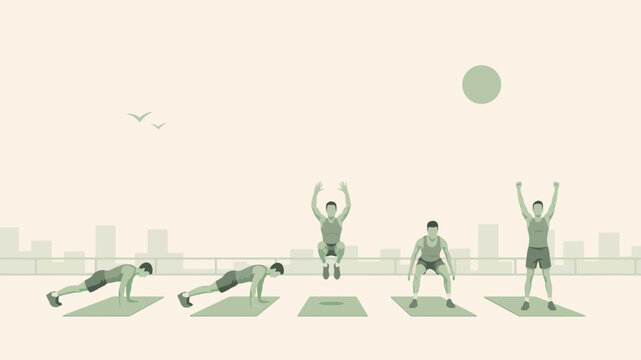 Man performing a sequence of bodyweight exercises and jump squats on a city rooftop