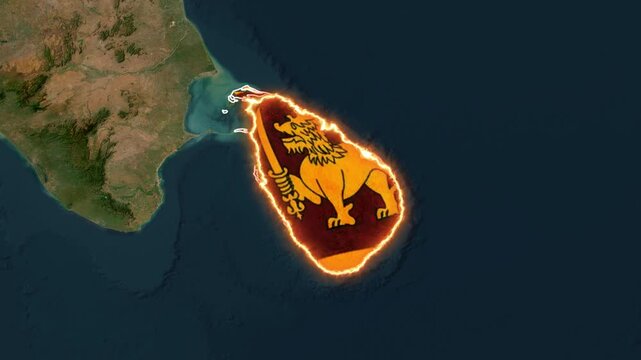 Sri Lanka map animated with lion flag burning bright in motion video