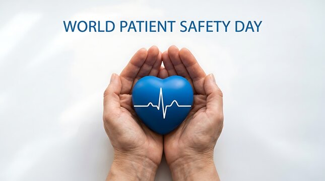 World Patient Safety Day symbol with hands holding blue heart and ECG on white background, promoting healthcare and safety awareness.