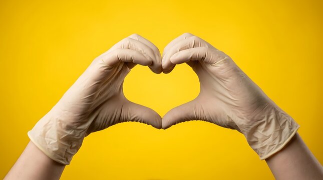 Hands in medical gloves forming a heart shape on World Peace Day for love and healthcare concept.