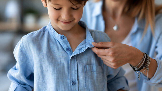 Faceless mom helping son button blue shirt getting ready for school day in happy family domestic morning routine at home as kid gets dressed for class, morning care concept,