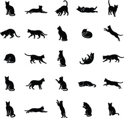 Obraz premium Set of twenty-five black cat silhouettes showing diverse feline behaviors like sitting, pouncing, stretching, and resting on a white background