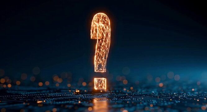 Futuristic glowing question mark, rendered in a golden plexus style, rotating slowly above a detailed and complex digital circuit board, symbolizing technological questions and solutions