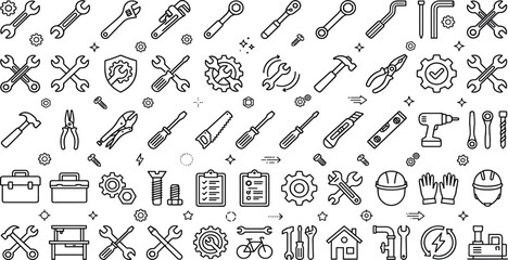 Comprehensive mechanic utility outline icon set showcasing monkey wrenches steel files assembly pins and maintenance logs © MD