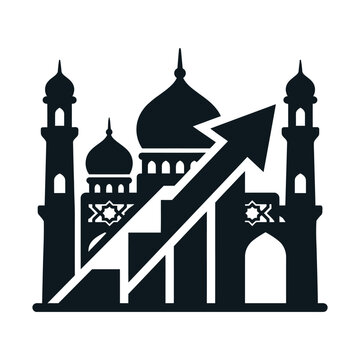 Islamic finance growth icon, mosque silhouette with rising arrow and bar chart, halal investment and sharia banking