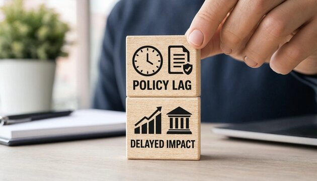 Hand holding wooden block with policy lag and delayed impact on desk with office supplies and plant in background  business concept