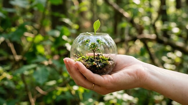 Hand holding a small glass terrarium with green plant on World Peace Day in forest