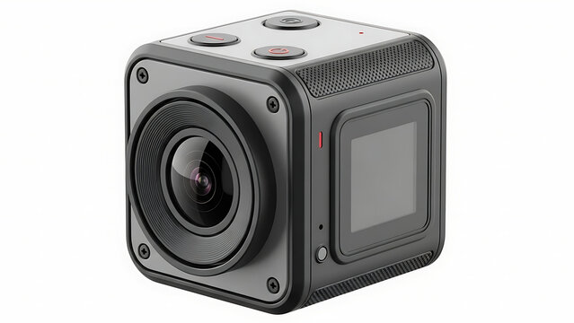Compact Cube Action Camera with Wide Angle Lens and Side Screen Isolated on White Background