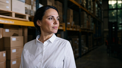 Fototapeta premium Thoughtful confident female manager looking away while standing in a large industrial warehouse facility