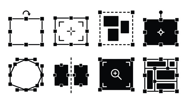 Editing and layout tool showing selection boxes, rotation, alignment, zooming, and grid arrangements