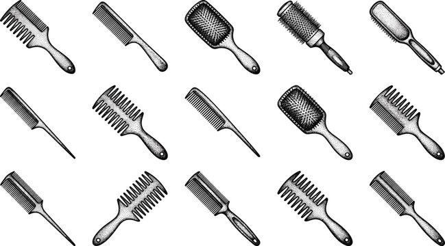 Vintage hair comb and hairbrush set featuring professional barber tools salon equipment and detangling accessories hand drawn sketch vector illustration