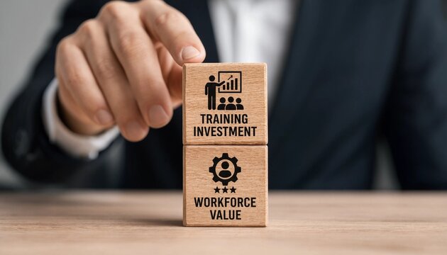 Businessman holding wooden blocks with training investment and workforce value concepts on a desk in an office setting  human resources and corporate development