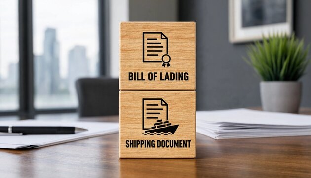 Wooden blocks with bill of lading and shipping document on office desk with city view through window