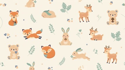 Naklejka premium Seamless pattern featuring cute woodland animals like foxes, bears, rabbits, and deer with leaves and acorns on a light beige background