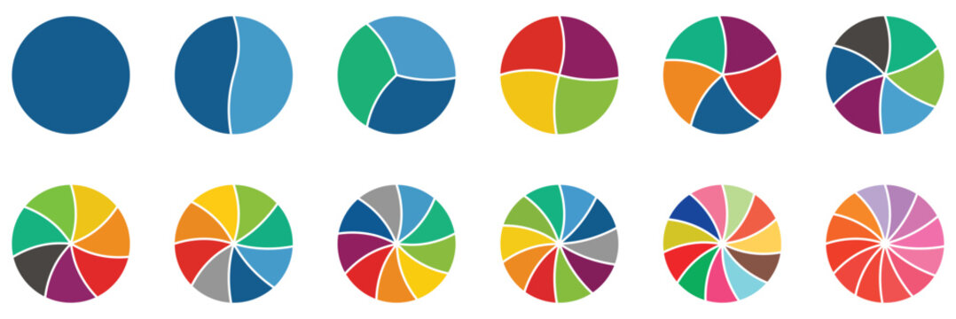 Circle pie chart. 2,3,4,5,6,7,8,9,10,11,12 sections or steps. Business infographic vector set.  Pie chart for data analysis, business presentation, UI, web design. Vector illustration.