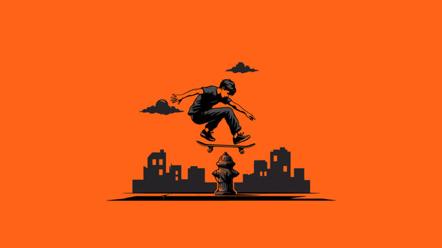 Stylized illustration of a skateboarder performing a jump over a city fire hydrant