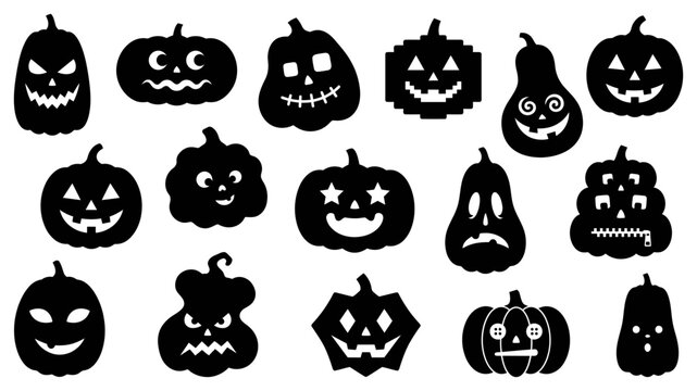 Collection of fifteen hand drawn pumpkin jack o lantern faces with various expressions isolated on a white background, for halloween holiday projects