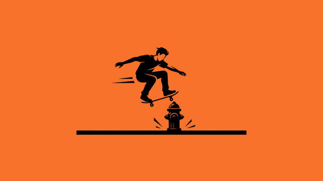 Silhouette of a skateboarder jumping over a fire hydrant with motion lines on a solid orange background