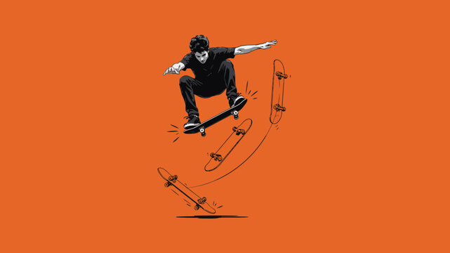 Stylized Illustration of a Skateboarder Performing an Air Trick with Motion Sequence