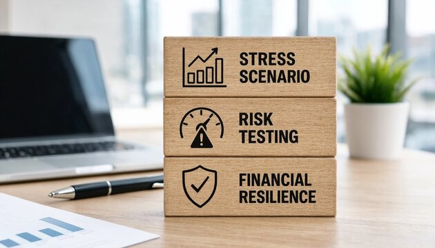 Stress scenario risk testing and financial resilience concept with wooden blocks on office desk with laptop and plant in background  financial stability and risk management
