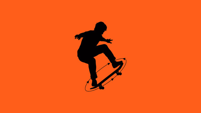 Silhouette of a skateboarder performing a rotation trick with motion arrow on orange background
