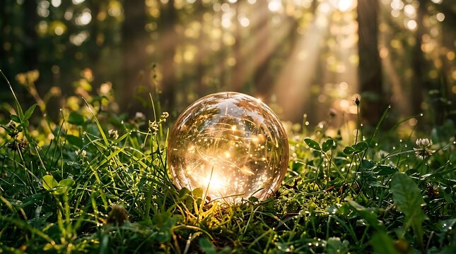 A crystal ball glows peacefully in a serene forest on World Peace Day, symbolizing harmony and unity.