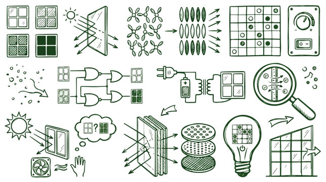 Smart glass technology icons, hand drawn sustainable architecture diagrams, energy efficient window engineering vector set for green building