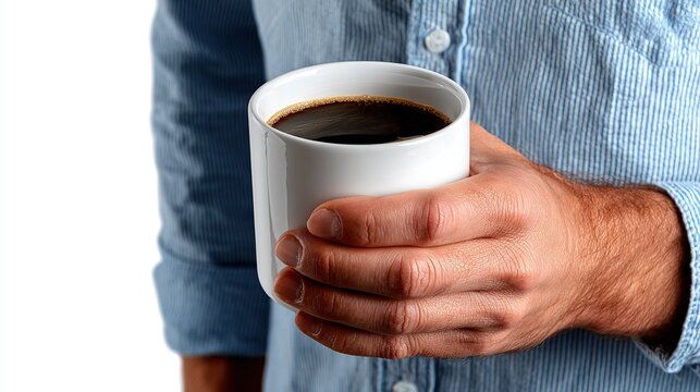 Cozy Morning Ritual: A close-up shot of a man in a blue chambray shirt holding a simple white ceramic mug filled with rich dark coffee, embodying a moment of quiet focus and morning warmth.