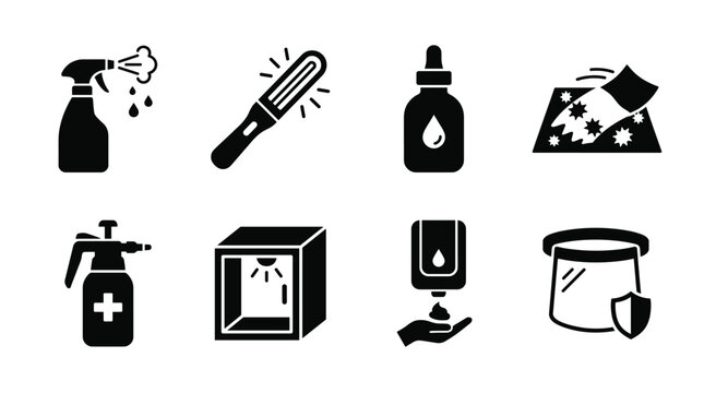 Set of hygiene and sanitization including spray bottles, uv light, hand sanitizer, and protective face shields