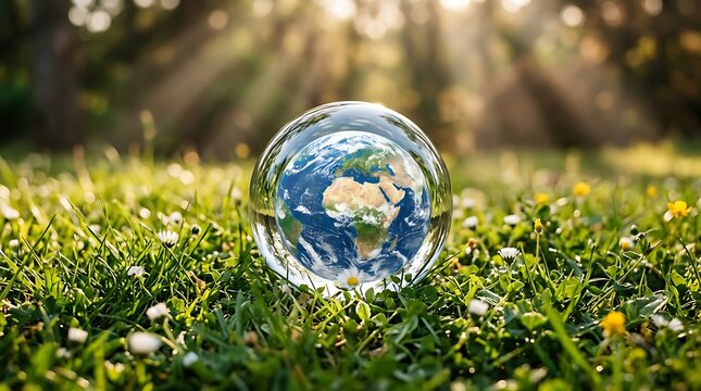 A crystal globe representing Earth rests in green grass on World Peace Day, symbolizing global harmony and environmental care.