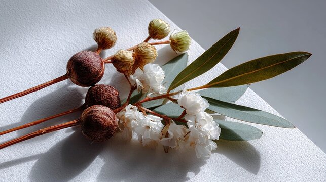Eucalyptus Sprig with Berries: A delicate eucalyptus sprig adorned with small brown berries and delicate white blossoms, set against a textured backdrop.