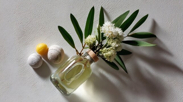 Botanical Aroma Diffuser: A small glass bottle filled with fragrant oil, adorned with delicate white flowers and green leaves, sits alongside smooth stones.