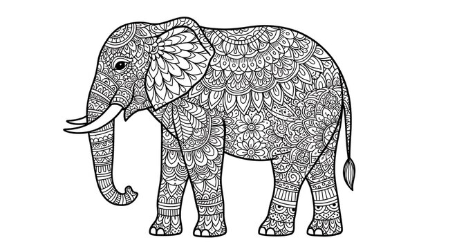Intricate black and white zentangle elephant line art illustration with elephant