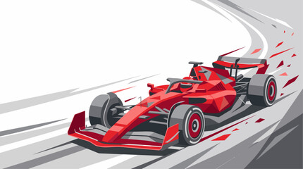 Obraz premium A dynamic red Formula 1 race car speeding around a corner on a stylized track with motion blur and abstract elements.
