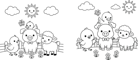 Fototapeta premium Cute Farm Animals Coloring Page for Kids | Pig, Sheep and Chicks Black and White Line Art