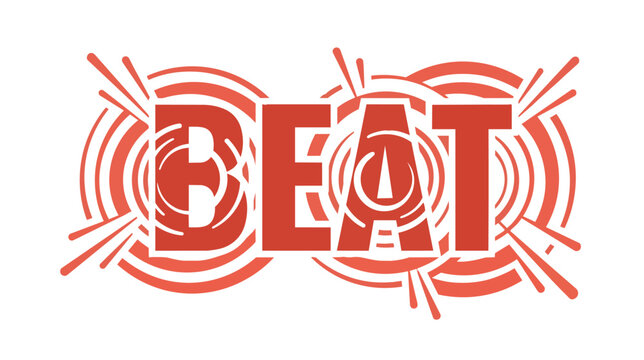 Graphic illustration of the word BEAT in bold red font featuring concentric circles representing sound waves or rhythm pulses isolated on a white background