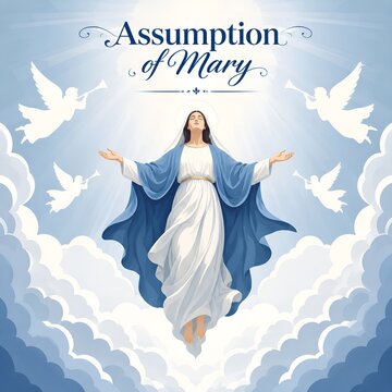 Mary in assumption with clouds and doves