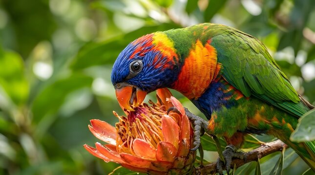 Colorful lorikeet feeding from flower in lush jungle scene. Exotic bird interacting with nature, vibrant wildlife photography.