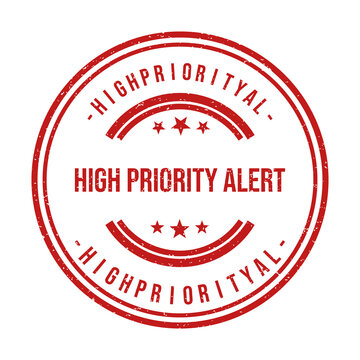 Red high priority alert circular rubber stamp design with star icons