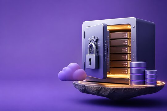 Data security concept with locked server vault and cloud storage