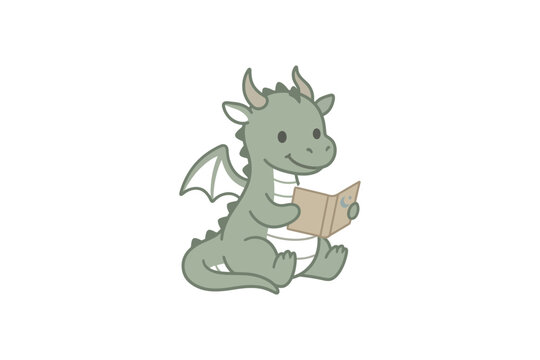A cute cartoon dragon sitting down and reading a small book.