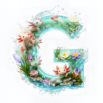 Letra G, ajolotes, agua, marco, flor, arcen, vector, floral, decoraciones, hojas, designio, navida, corona, ilustraci&oacute;n, naturaleza, cardar, arte, verano, f&aacute;brica, primavera, vacaciones, antique, rosa