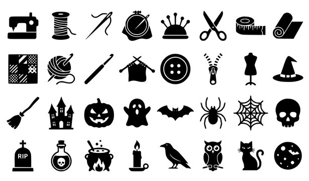 Modern sewing and Halloween silhouette icon collection with craft tools spooky symbols and handmade design elements isolated on white background