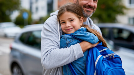 Fototapeta premium Faceless happy papa hugging little girl getting ready for elementary school lesson in schoolyard with father walking daughter to school with backpack hugging on street next to