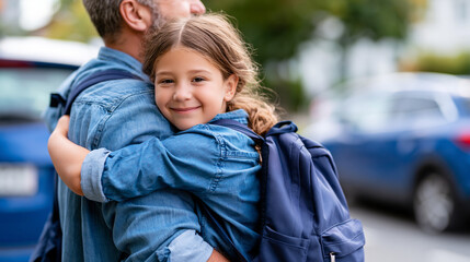 Fototapeta premium Faceless happy papa hugging little girl getting ready for elementary school lesson in schoolyard with father walking daughter to school with backpack hugging on street next to