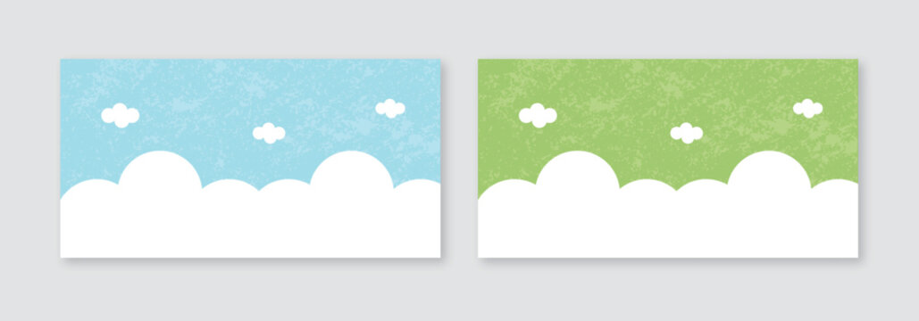 Cute white clouds on blue and green grunge textured sky banners set, abstract minimalist nature background template for kids education, website header, social media banner, and greeting card design