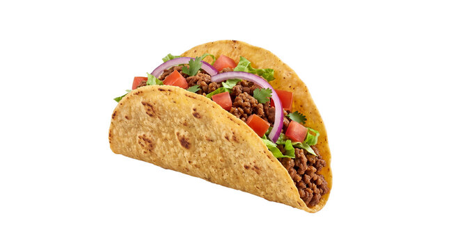 Crispy beef taco transparent PNG isolated cutout with lettuce tomato onion cilantro Mexican food clipart